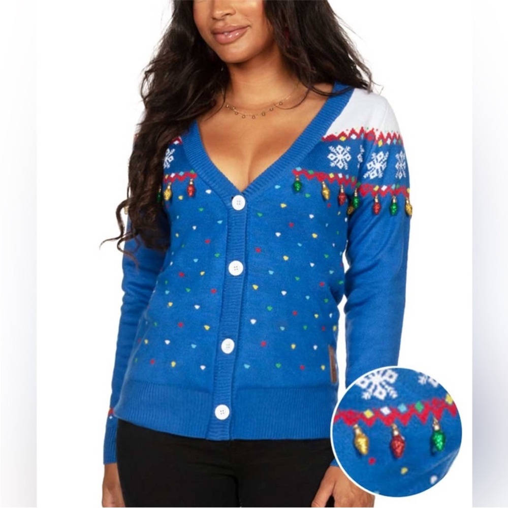 Tipsy Elves Womens 3XL Blue Christmas Lights Sweater Cardigan Button NWT
